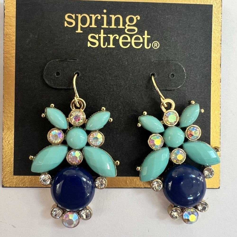 SPRING STREET BLUE GREEN‎ RHINESTONE DROP EARRINGS NWT